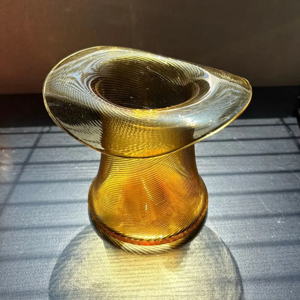 Vintage Amber Glass Hat Vase Hand Blown w/ Pontil Mark Spiral Pattern MCM Ribbed